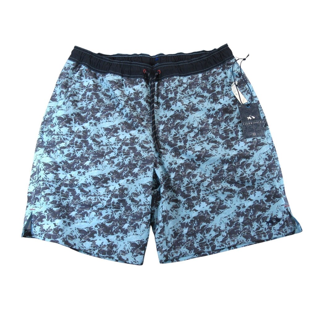 New Fish Hippie Mens Swim Trunks Volley Short L x 8 Blue Allover Stretch